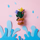 Charming wool crocus pot ornament with ladybug, ants, worm, and embroidered features

