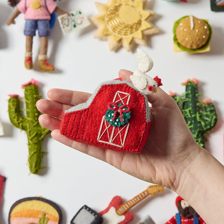 Red Barn with Rooster Ornament