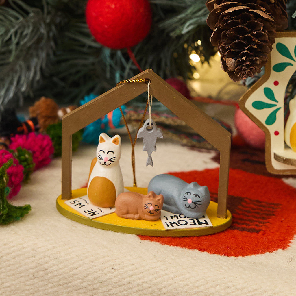 Cat Nativity Wood Ornament