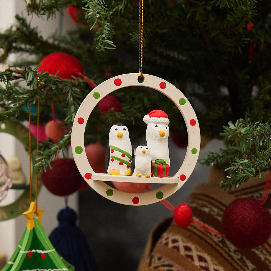 Holiday Penguins Wood Ornament