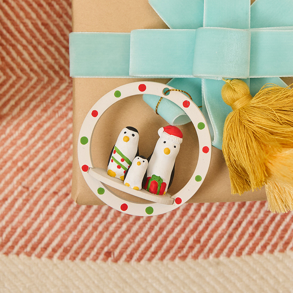 Holiday Penguins Wood Ornament