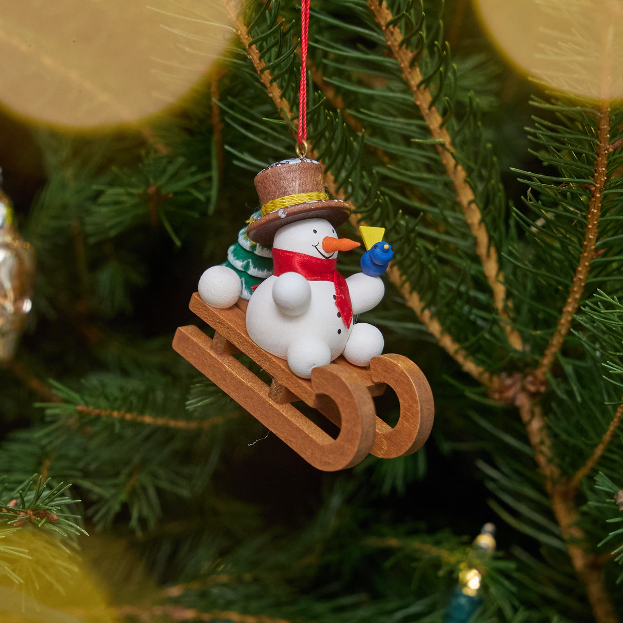 Snowman Sled German Wooden Ornament