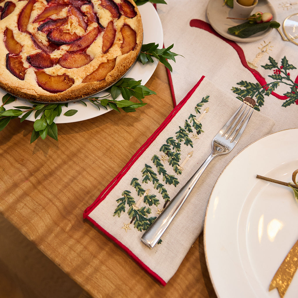 Red & Natural Tree Linen Napkins - Set of 4