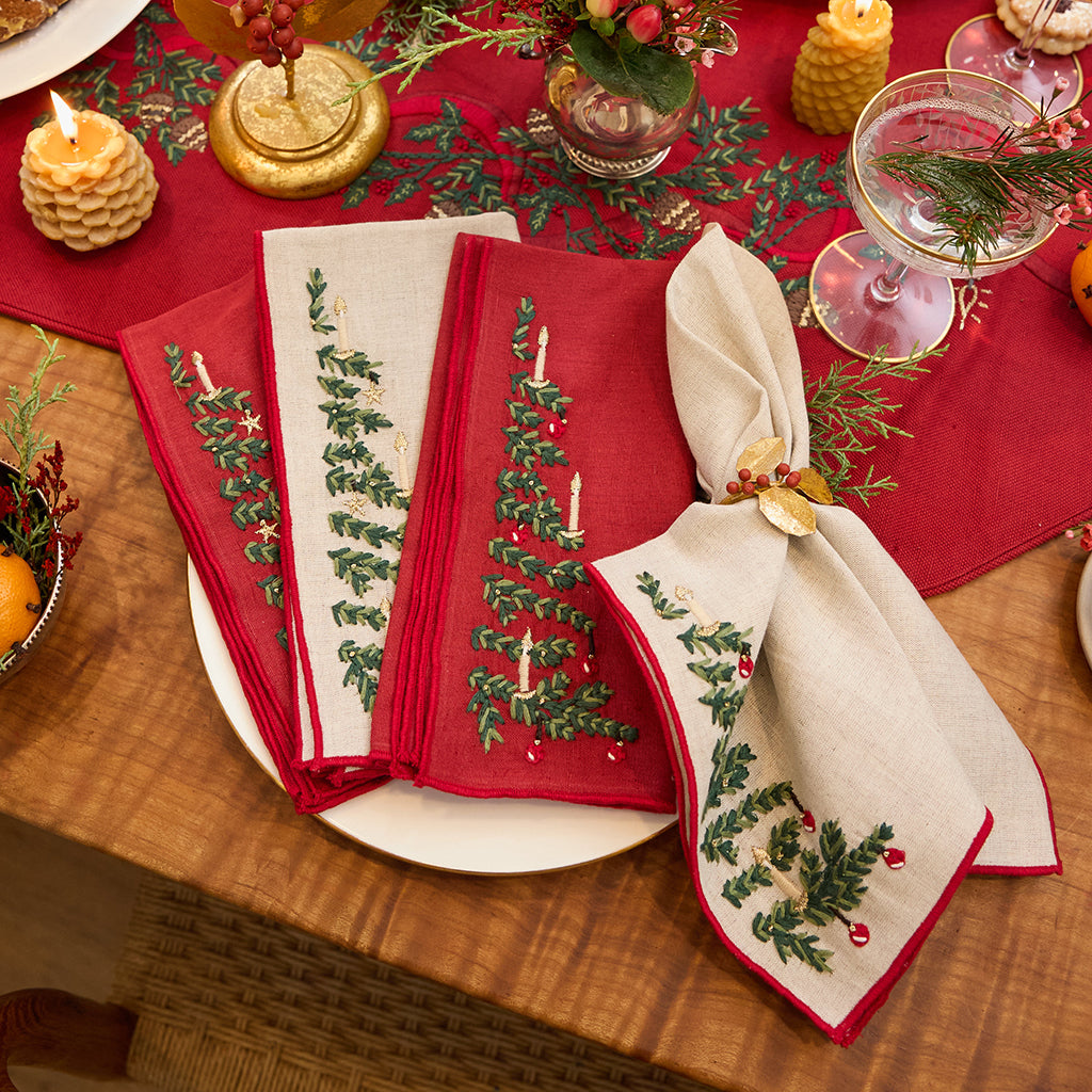 Red & Natural Tree Linen Napkins - Set of 4