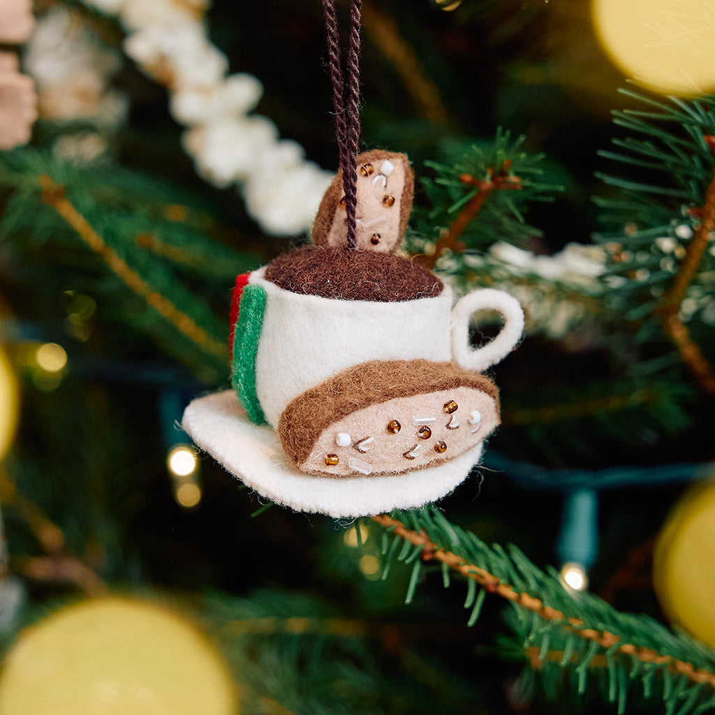 Hand Felted Italian White Cup of Espresso with Biscotti Ornament