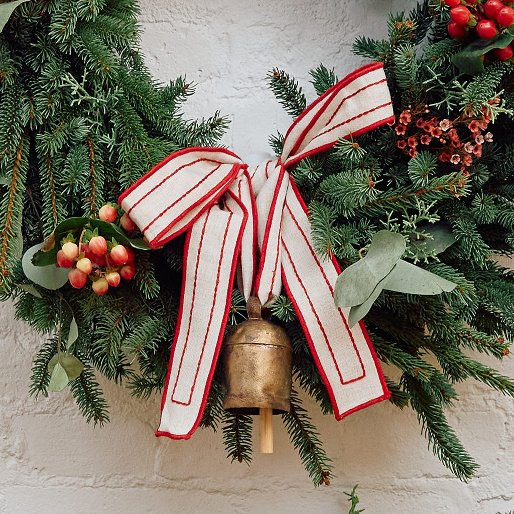 Festive Metal Bell with Hand-Embroidered Ribbon