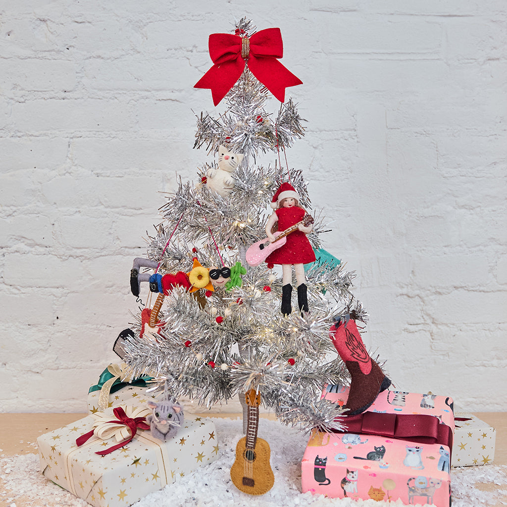 Hand Felted Jolly Taylor Swift with Santa Hat and Pink Guitar