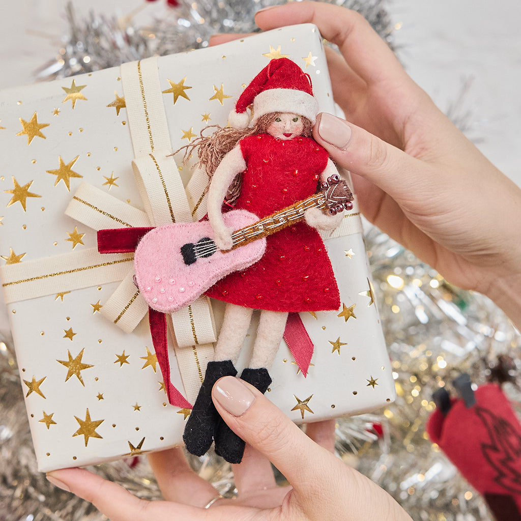 Hand Felted Jolly Taylor Swift with Santa Hat and Pink Guitar