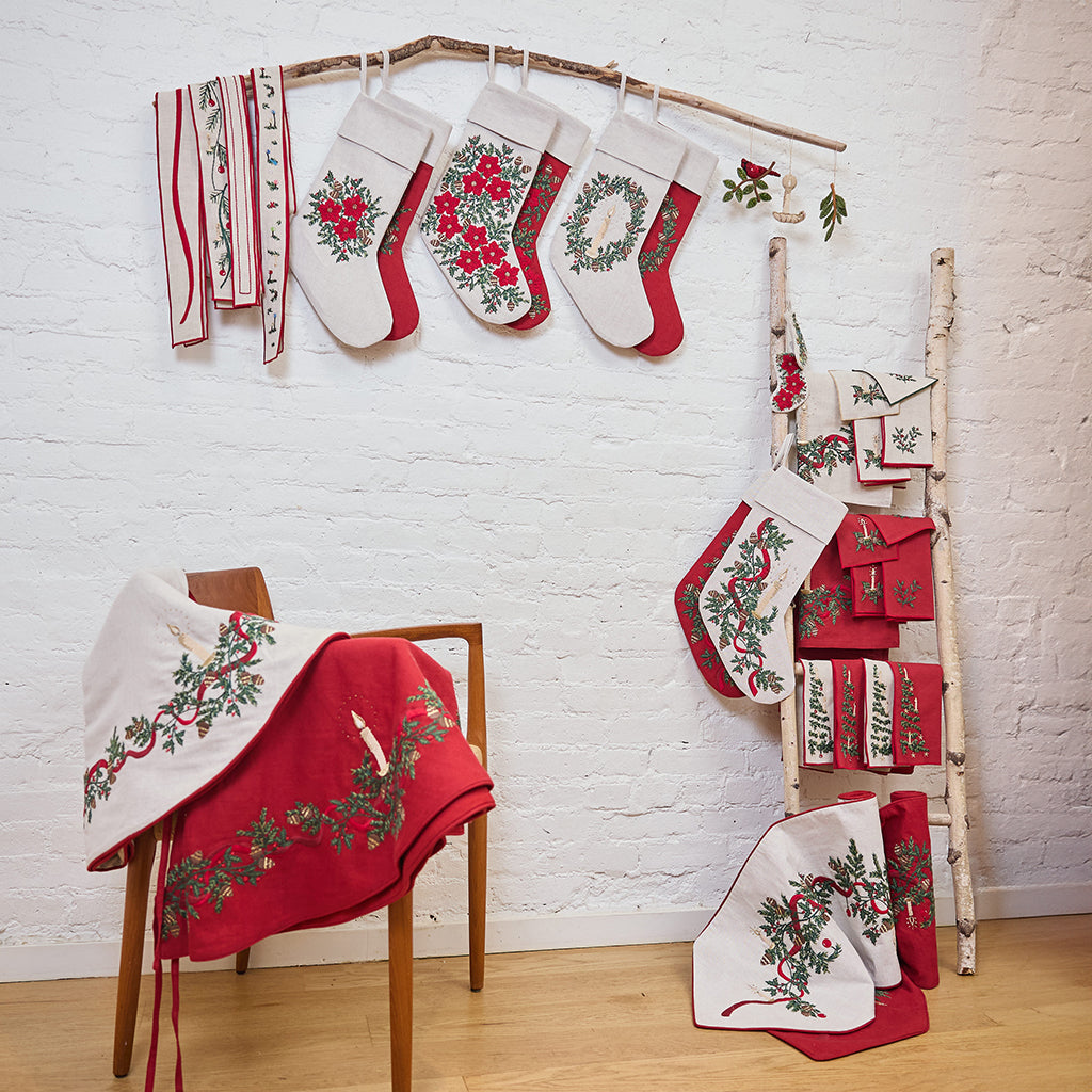 Hand-Embroidered Natural Linen Candle Garland Table Runner