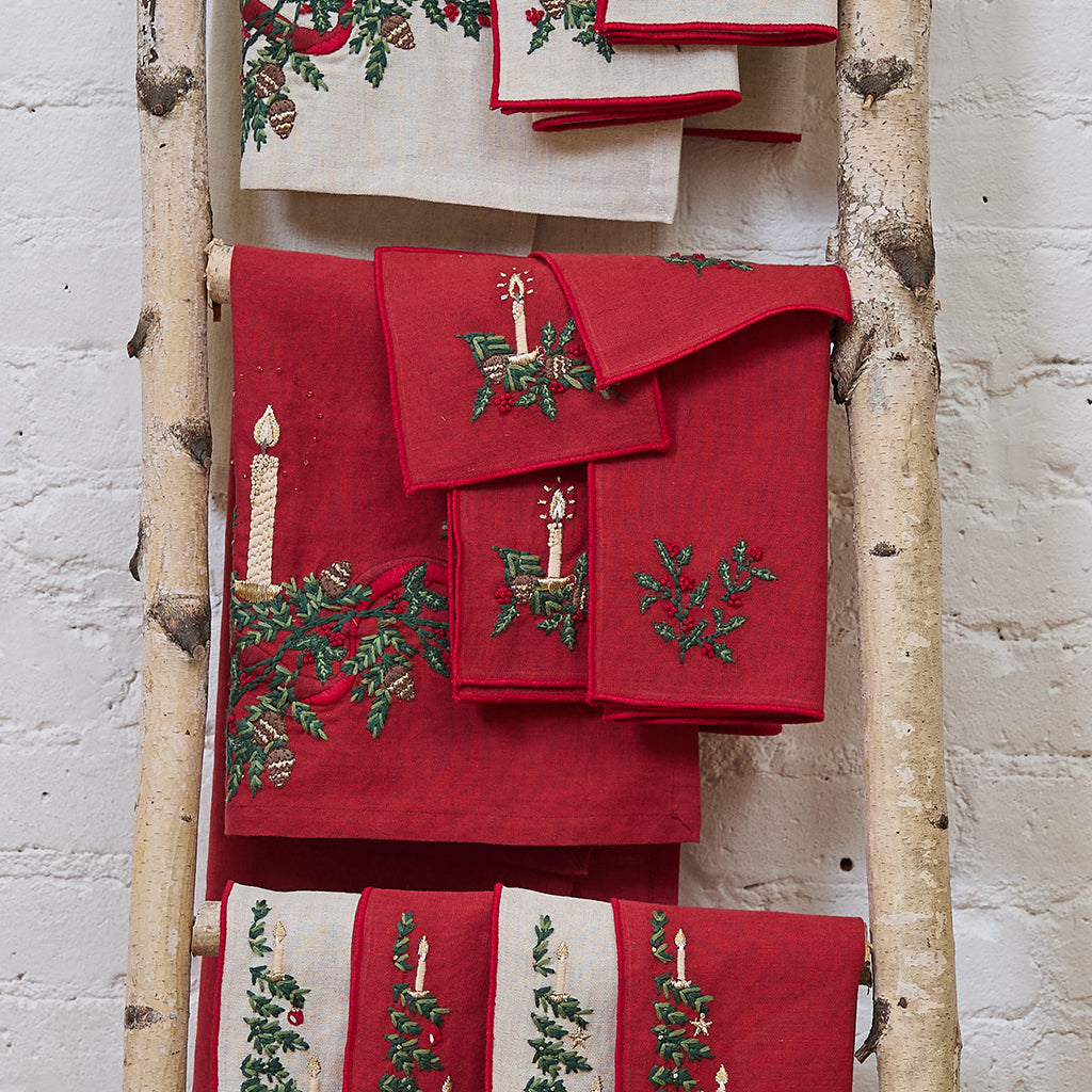 Candle Garland Linen Tea Towel - Red