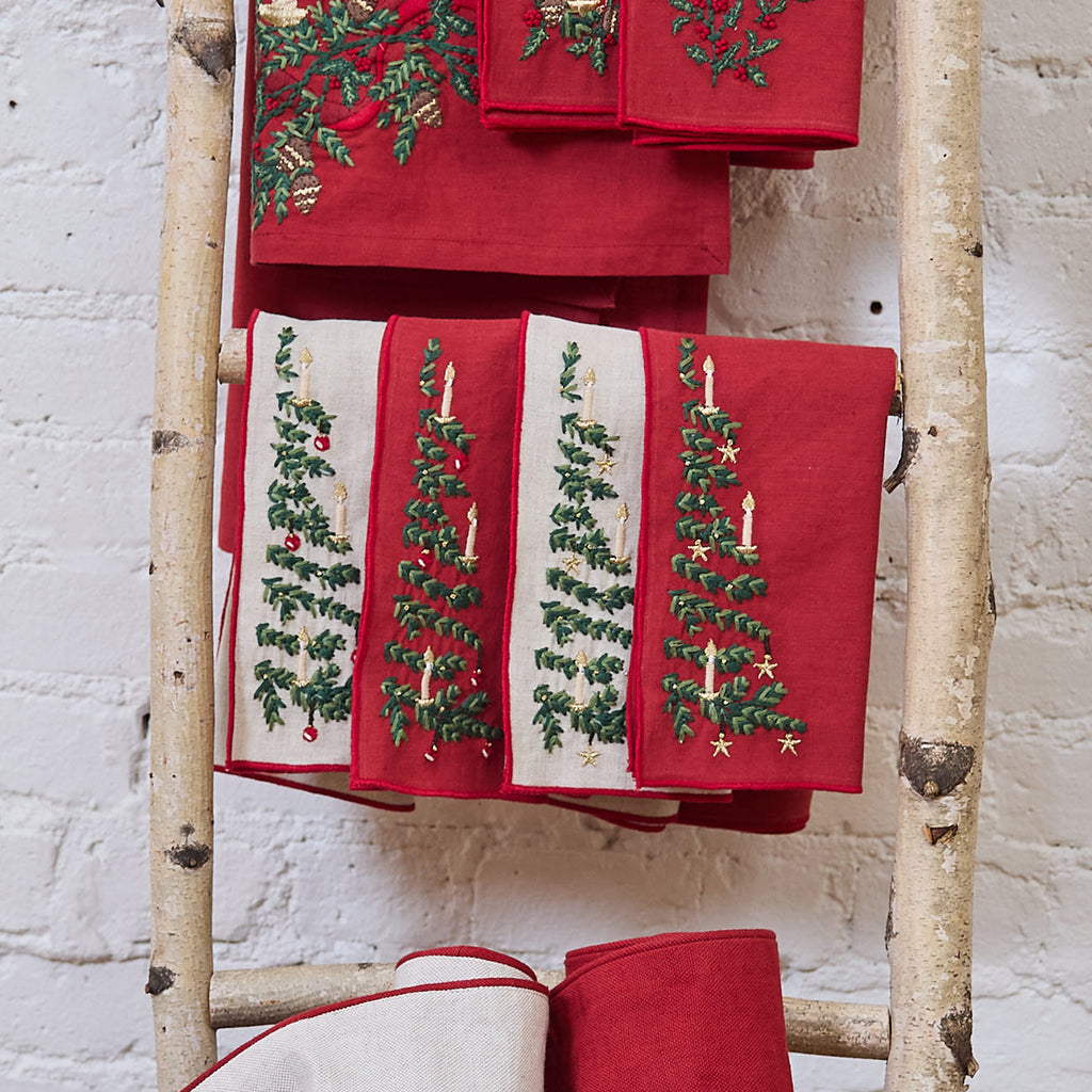 Red & Natural Tree Linen Napkins - Set of 4