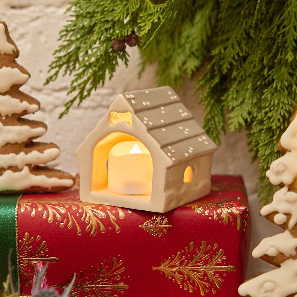 Handmade Cream Dog House with Gray Snowy Roof Ceramic Tealight