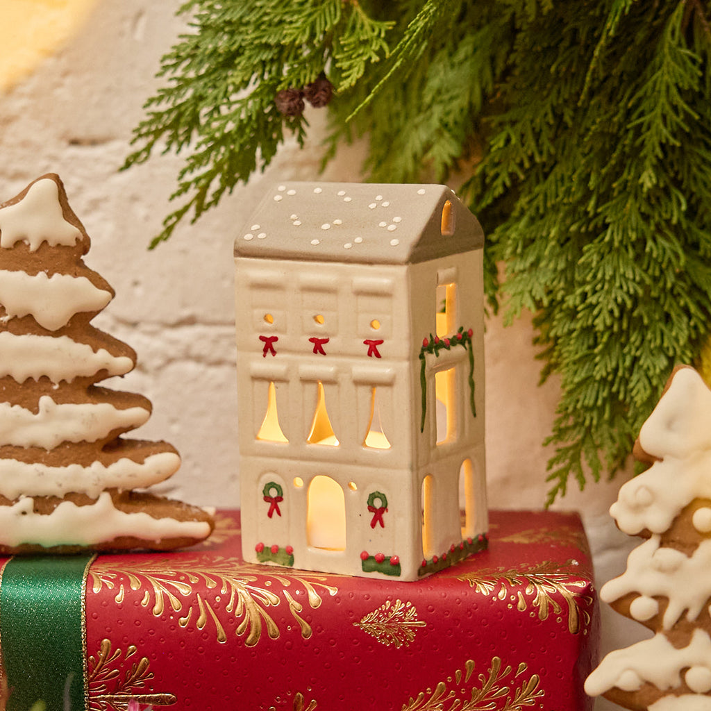 Handmade Cream Holiday Townhouse Ceramic Tealight Holder