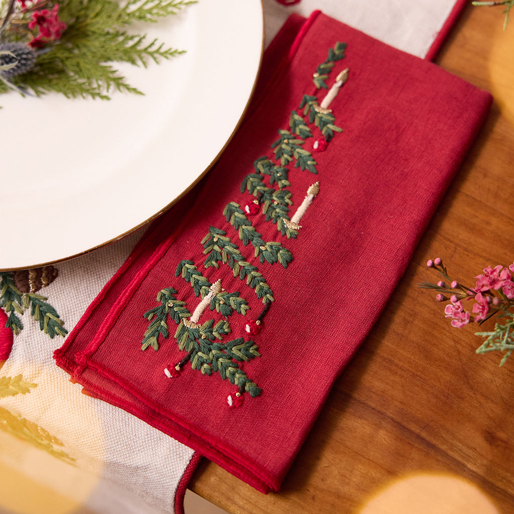 Red & Natural Tree Linen Napkins - Set of 4