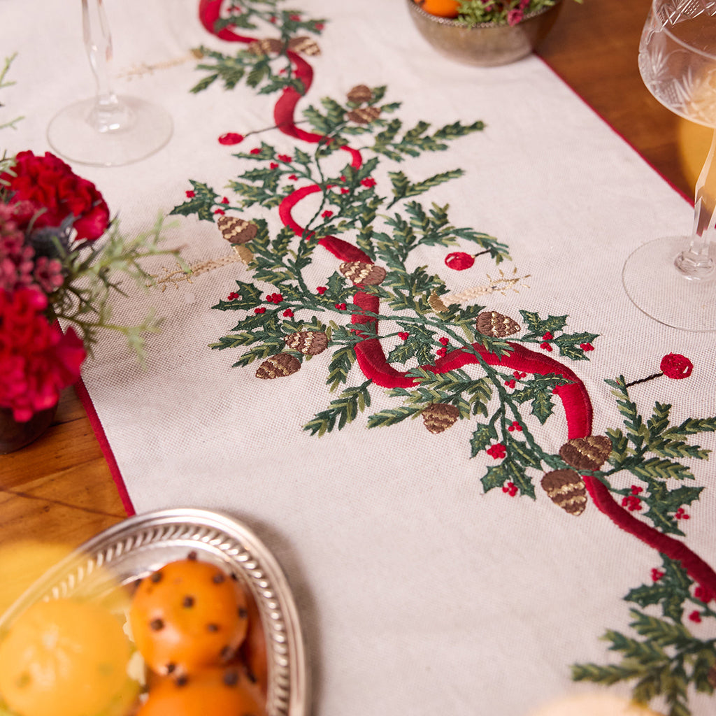 Hand-Embroidered Natural Linen Candle Garland Table Runner