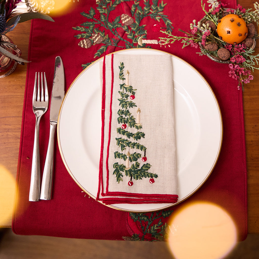 Red & Natural Tree Linen Napkins - Set of 4