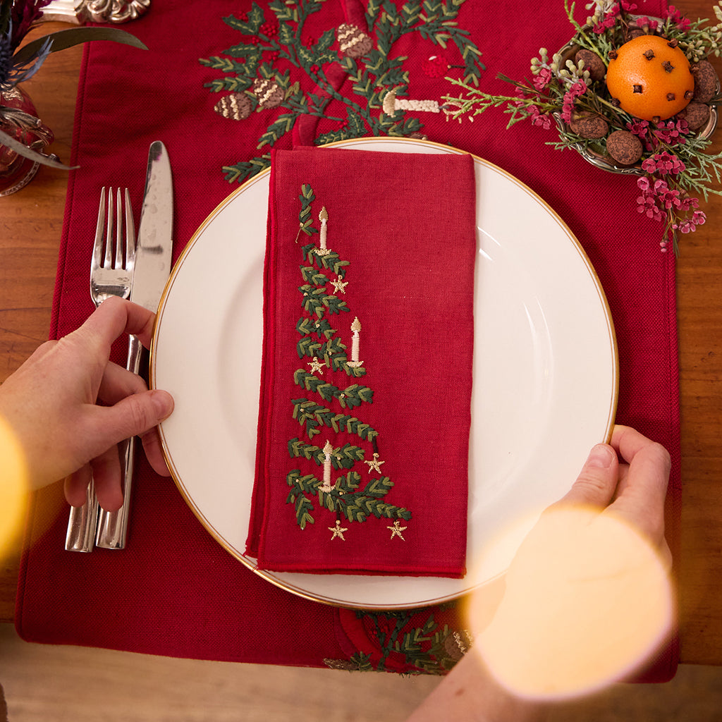 Red & Natural Tree Linen Napkins - Set of 4