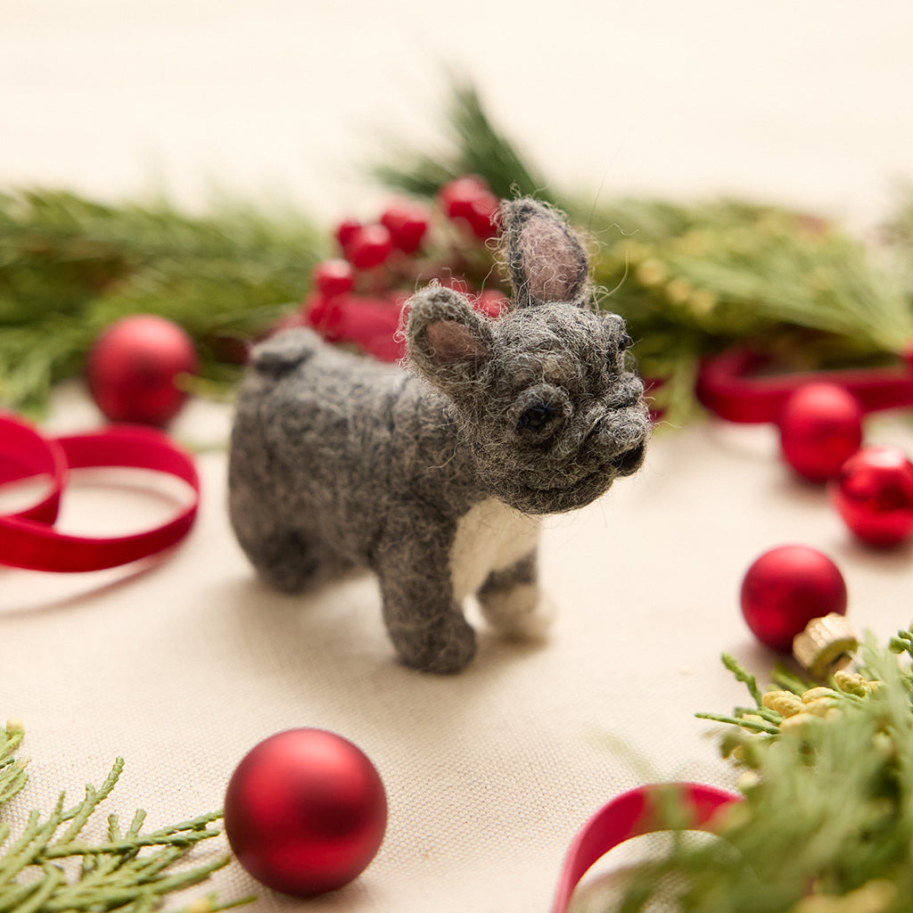 Hand Needle Felted Gray French Bulldog Pet Animal Ornament