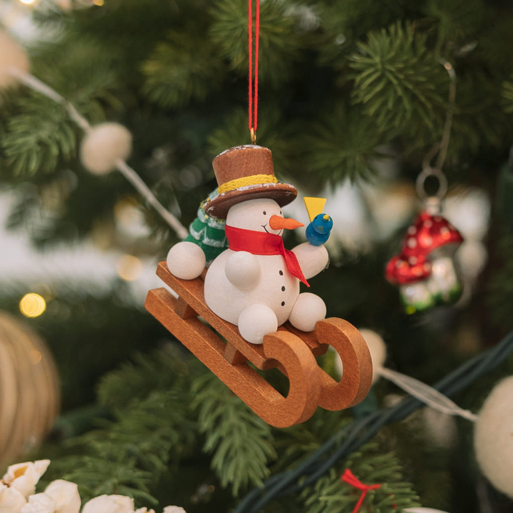 Snowman Sled German Wooden Ornament