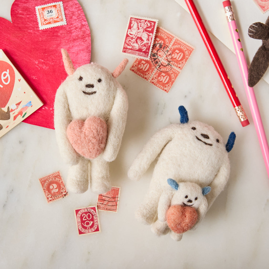 Hand Needle Felted Big White Yeti with Pink Love Heart Ornament