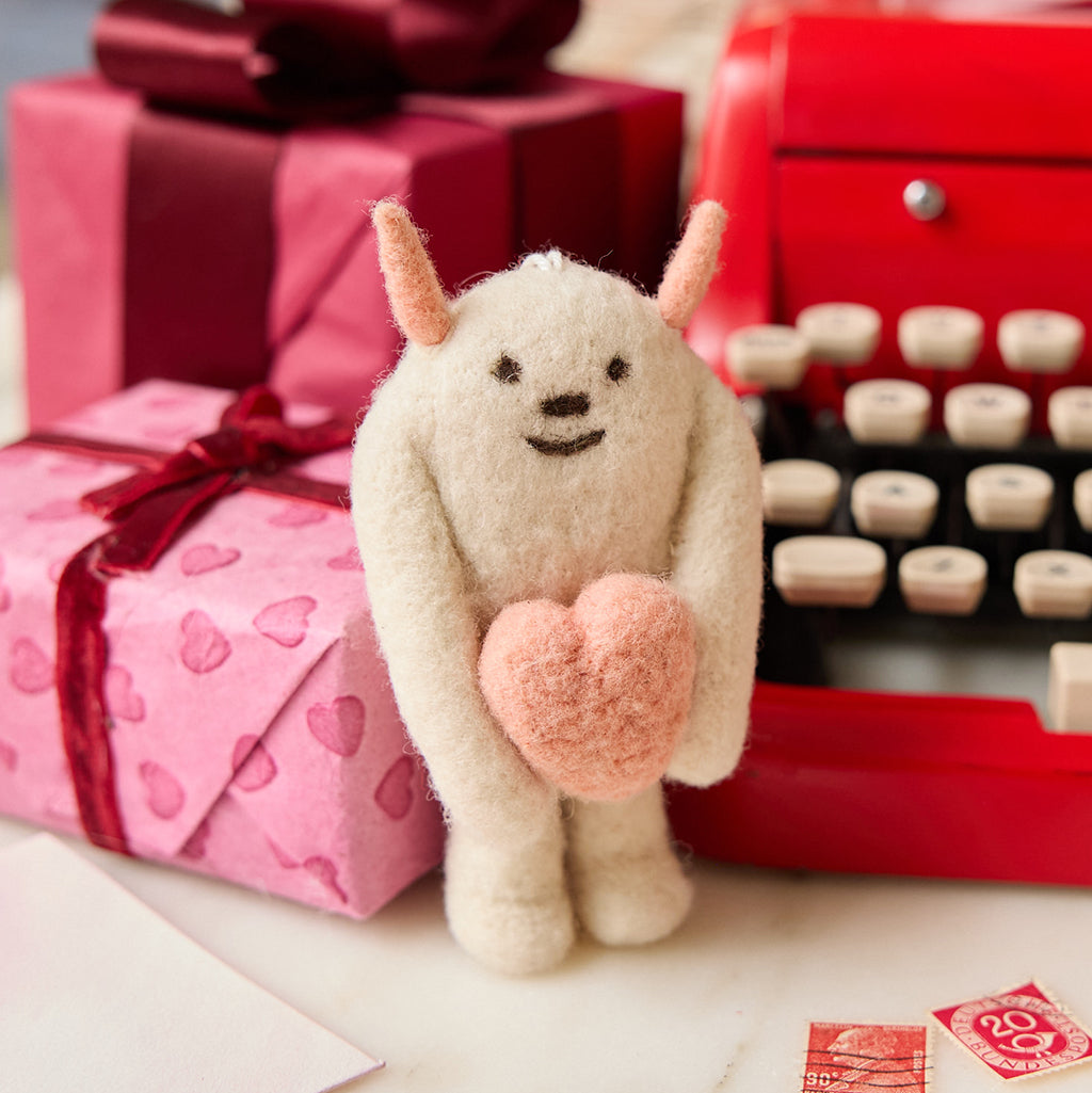 Hand Needle Felted Big White Yeti with Pink Love Heart Ornament