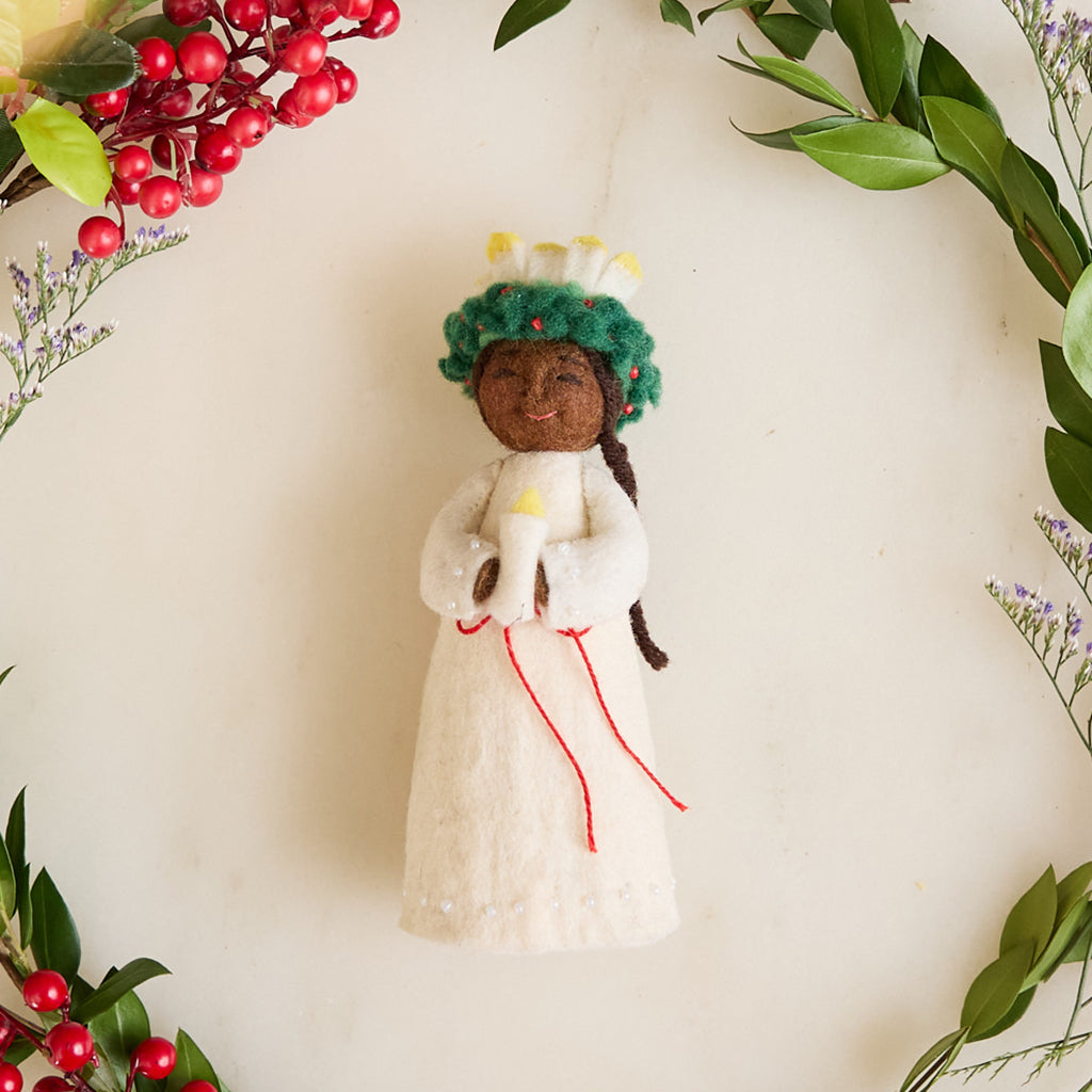 Hand Felted Brown Santa Lucia Ornament Holding a Lit Candle