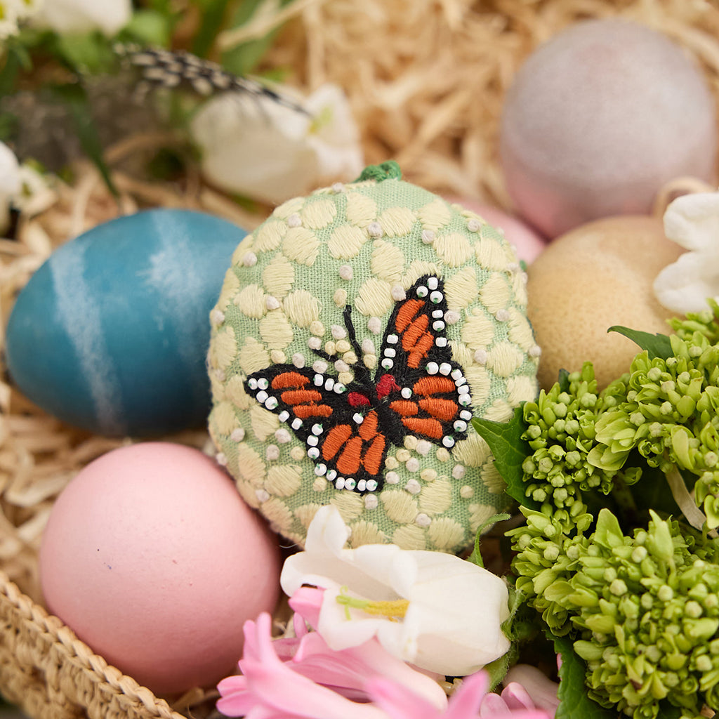 Butterfly on Hydrangea Embroidered Egg Ornament