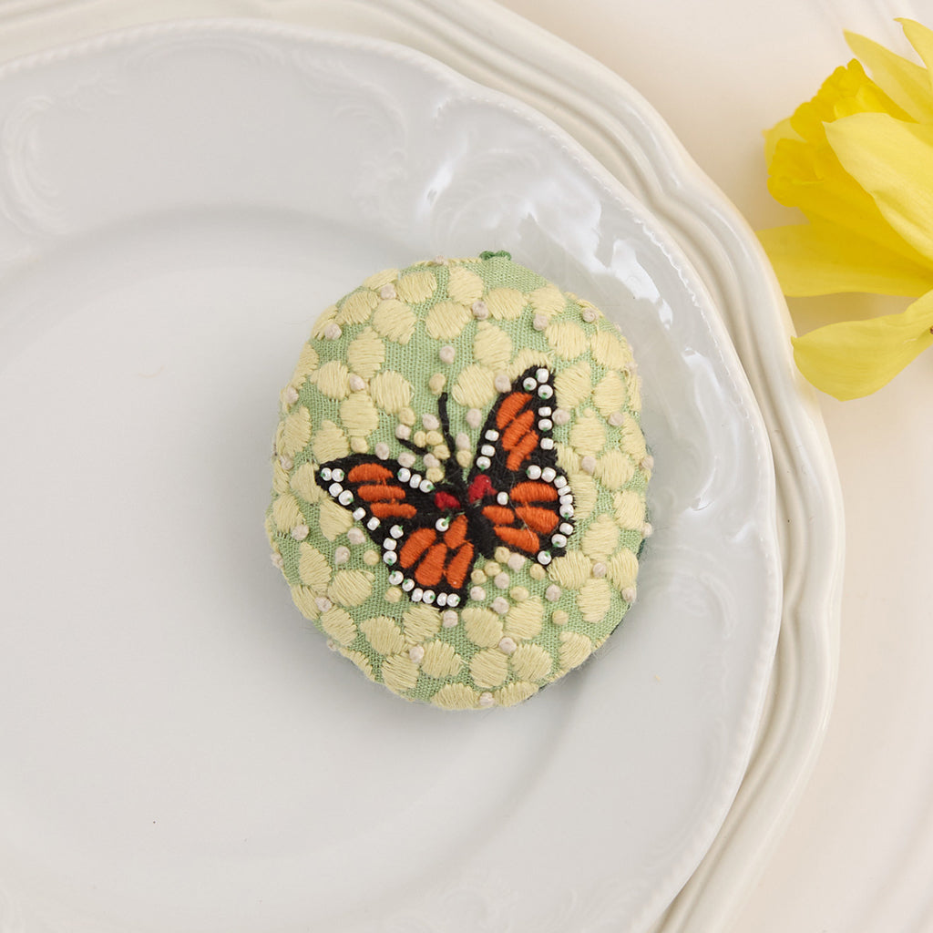 Butterfly on Hydrangea Embroidered Egg Ornament