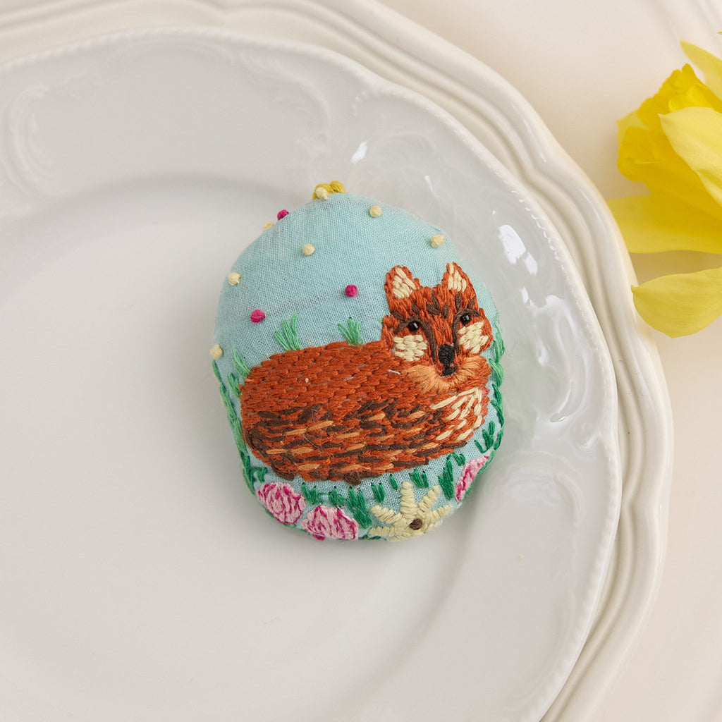Fox in Wildflowers Embroidered Egg Ornament