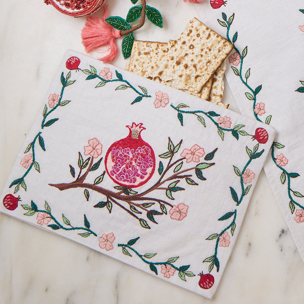 Handmade Embroidered White Linen Matzo Cover with Red Pomegranate ...