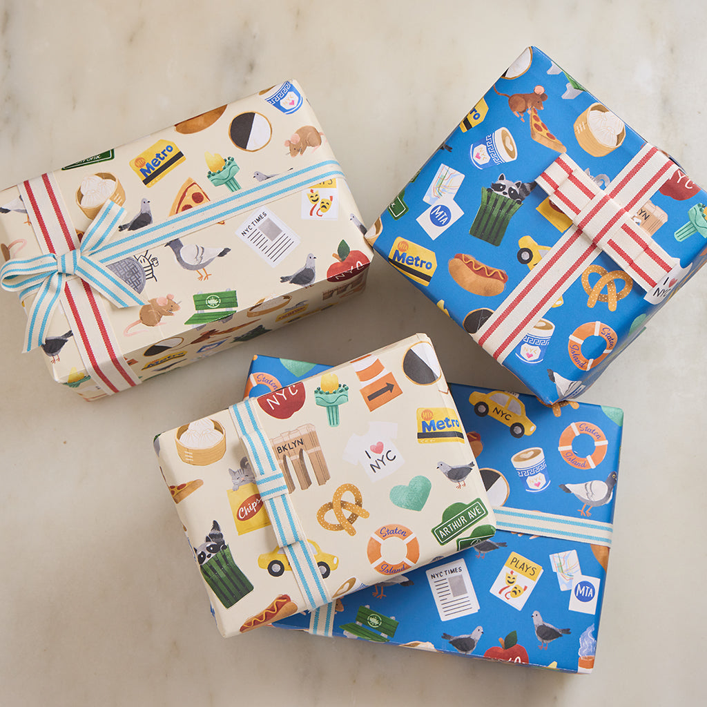 NYC Minis Wrapping Paper Sheets - 2 Blue Sheets & 2 Tan Sheets