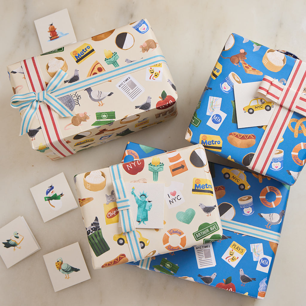 NYC Minis Wrapping Paper Sheets - 2 Blue Sheets & 2 Tan Sheets