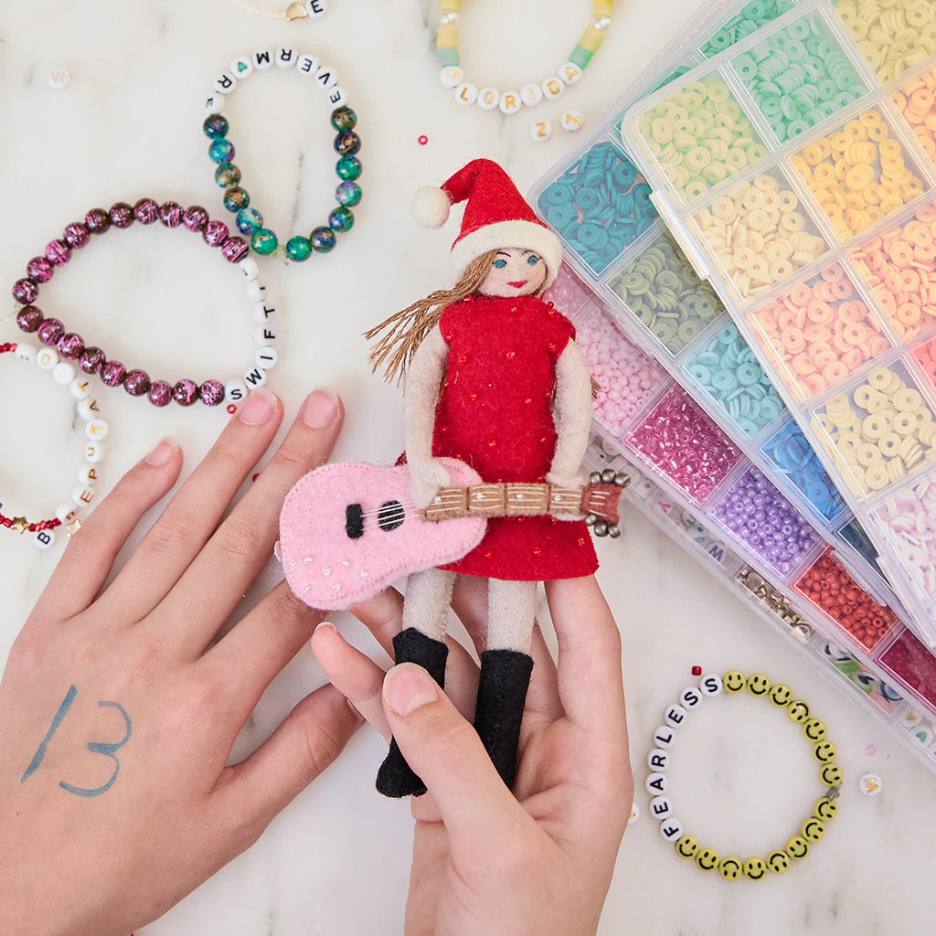 Hand Felted Jolly Taylor Swift with Santa Hat and Pink Guitar