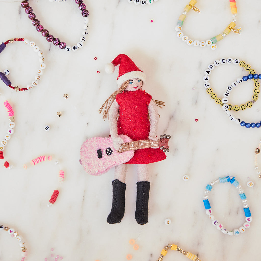 Hand Felted Jolly Taylor Swift with Santa Hat and Pink Guitar