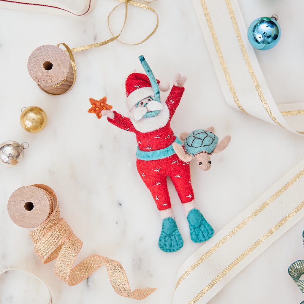 Tropical Snorkel Santa with Sea Turtle Ornament