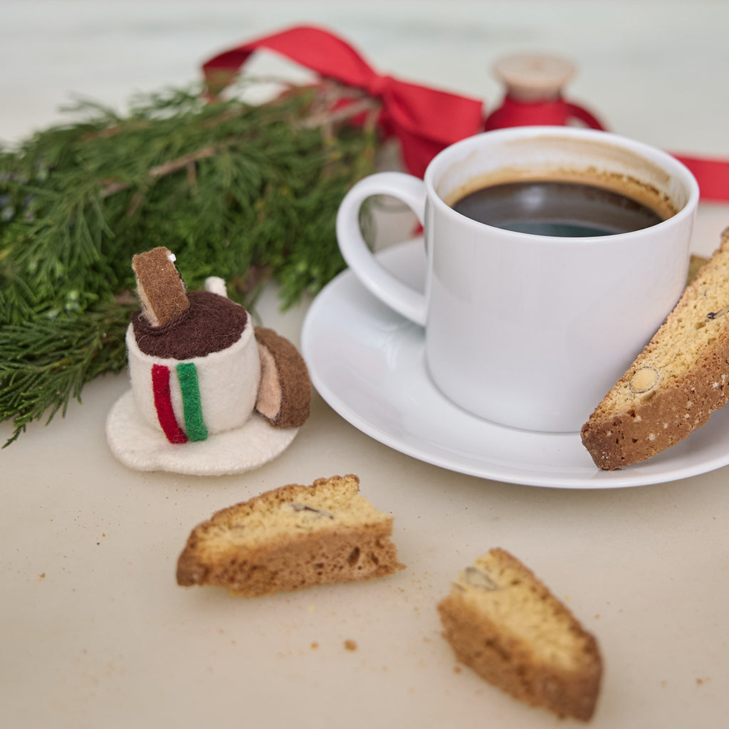 Hand Felted Italian White Cup of Espresso with Biscotti Ornament
