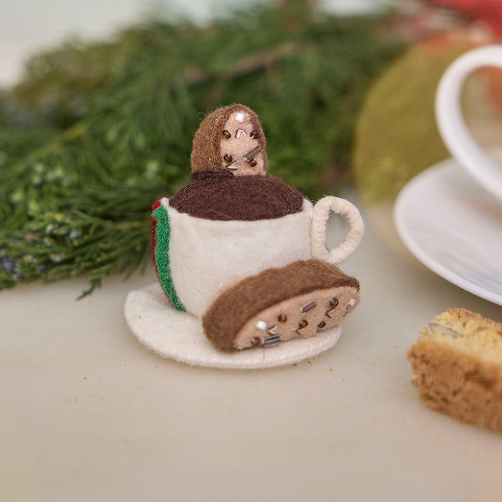 Hand Felted Italian White Cup of Espresso with Biscotti Ornament