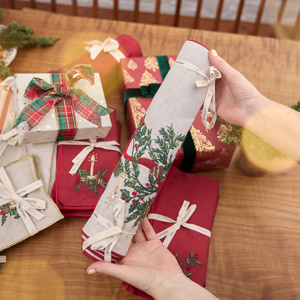 Hand-Embroidered Natural Linen Candle Garland Table Runner