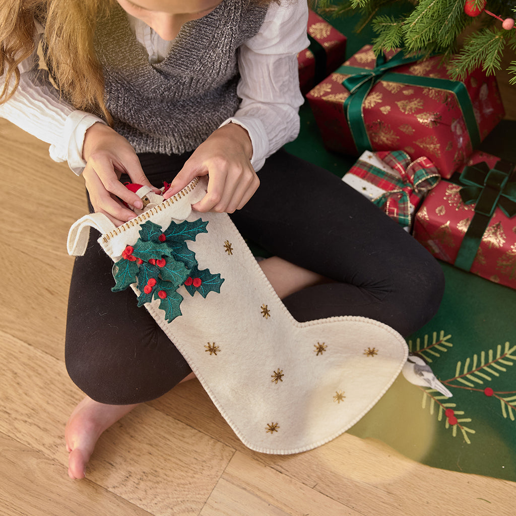 White Festive Holly Stocking