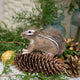Craftspring’s Fuzzy Chipmunk ornament displayed standing on a pinecone among evergreens — handmade from sustainable wool with sweet needle-felted details and stripes, ethically crafted by artisans for Christmas decorating.