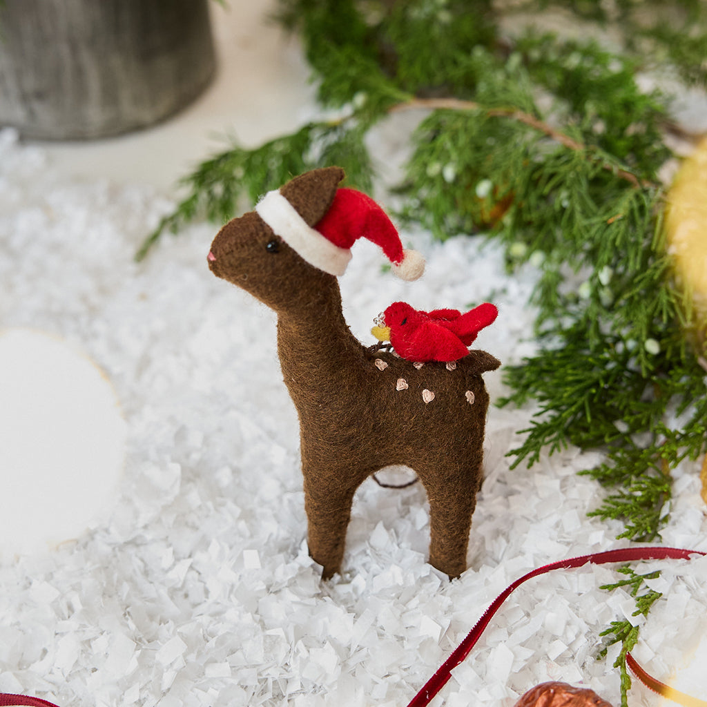 Santa Deer with Bird Friend Ornament