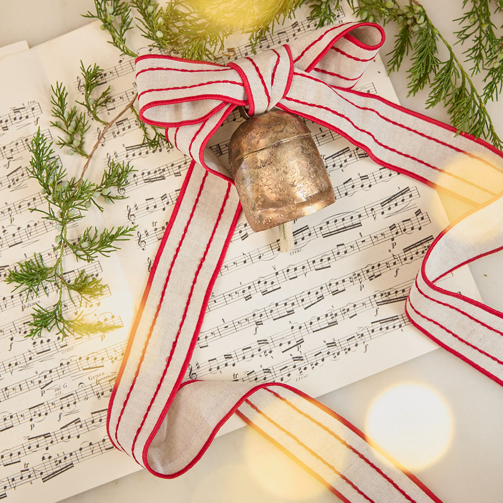 Festive Metal Bell with Embroidered Ribbon