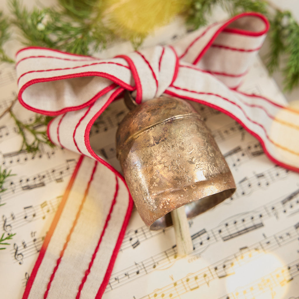 Festive Metal Bell with Embroidered Ribbon