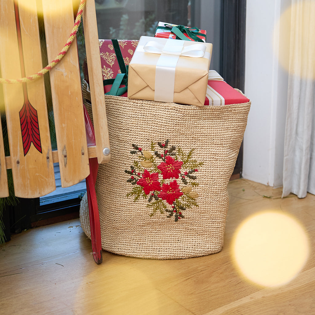 Medium Poinsettia Crocheted Raffia Basket