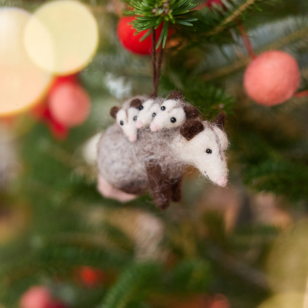 Fuzzy Opossum with Babies Ornament – Handmade Woodland Ornament
