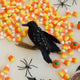 Craftspring’s handmade felt Crow ornament — featuring shimmering beaded wings and perched on a branch, displayed with Halloween candy for a festive autumn scene, perfect for Halloween, harvest, and holiday gifting, ethically crafted by artisans using sustainable wool.