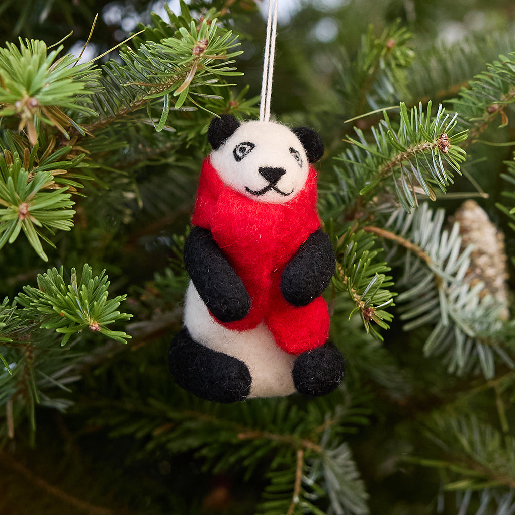 Hand Needle Felted Jolly Bamboo Panda with Red Scarf Ornament