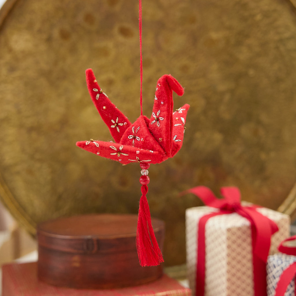 Red & Gold Origami Crane Ornament