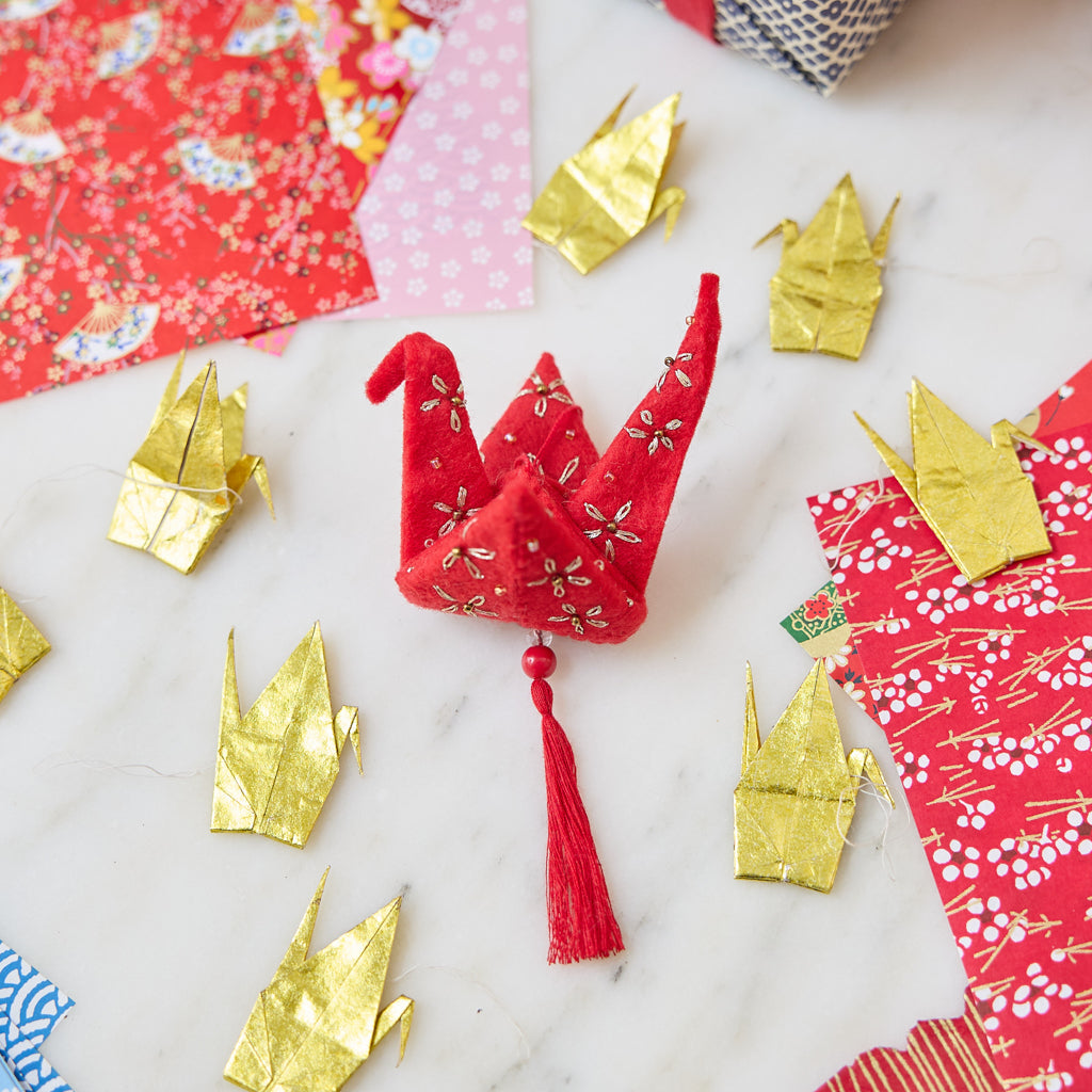 Red & Gold Origami Crane Ornament
