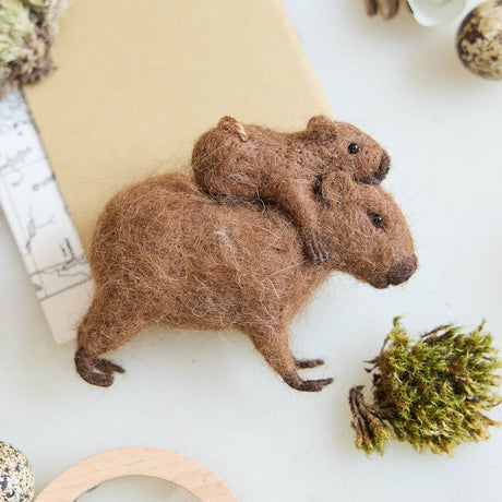 A needle-felted alpaca wool capybara and baby ornament from Peru, symbolizing calm, nurturing love, and gentle family bonds—perfect for meaningful gifting and cozy decor.